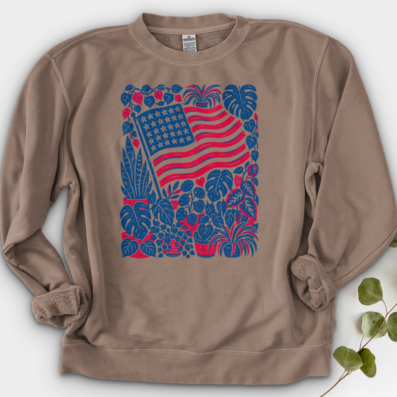 Boho American Flag With Houseplants Crewneck