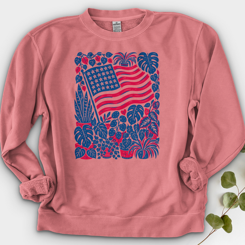 Boho American Flag With Houseplants Crewneck