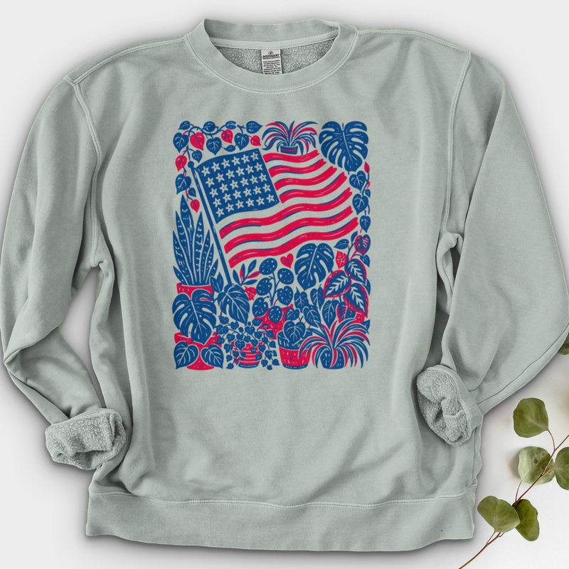 Boho American Flag With Houseplants Crewneck