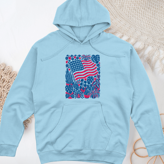 Boho American Flag With Houseplants Midweight Hooded Sweatshirt