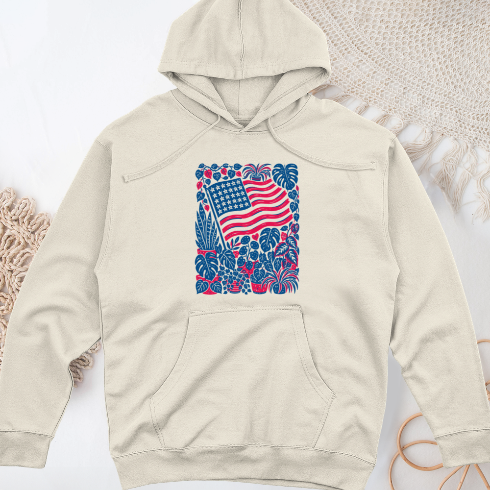 Boho American Flag With Houseplants Midweight Hooded Sweatshirt
