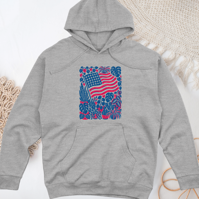 Boho American Flag With Houseplants Midweight Hooded Sweatshirt