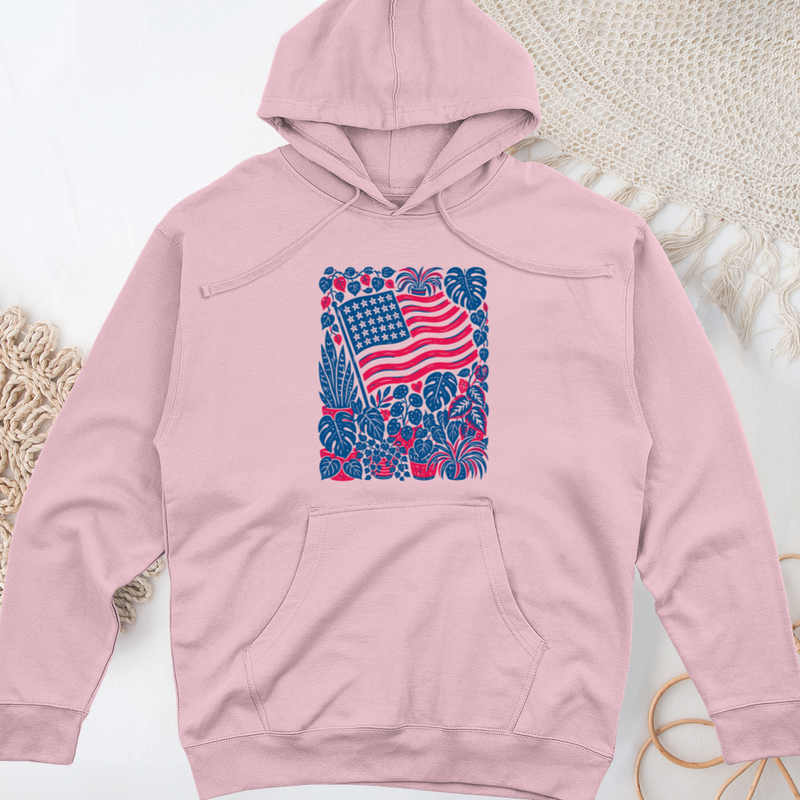 Boho American Flag With Houseplants Midweight Hooded Sweatshirt