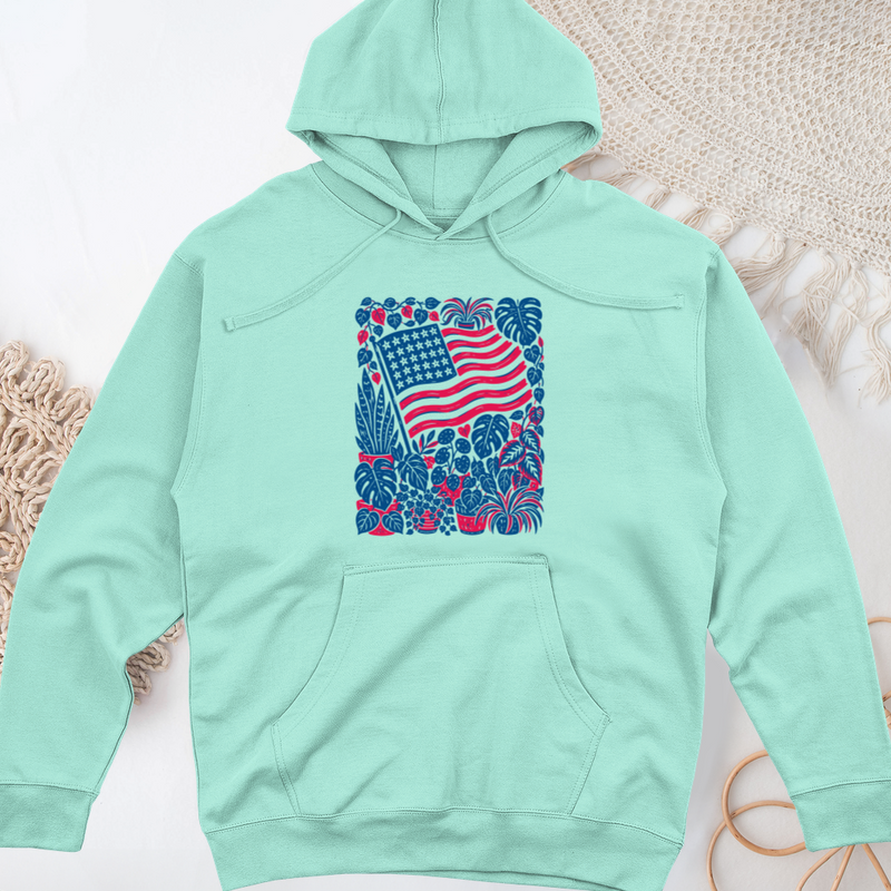 Boho American Flag With Houseplants Midweight Hooded Sweatshirt