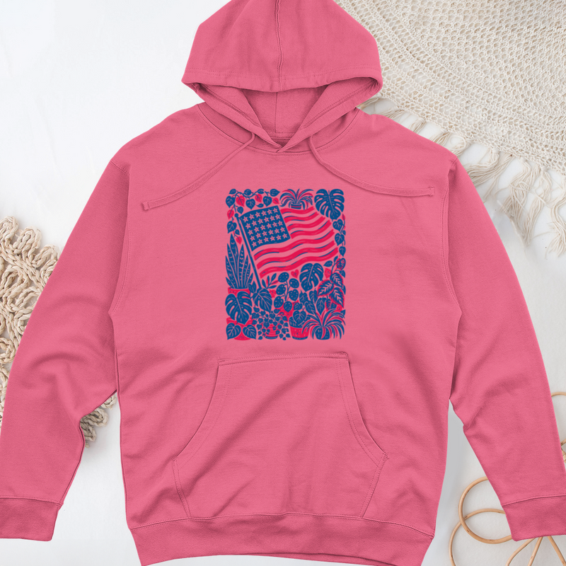 Boho American Flag With Houseplants Midweight Hooded Sweatshirt