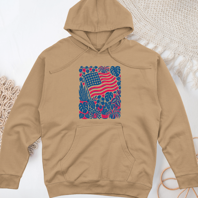Boho American Flag With Houseplants Midweight Hooded Sweatshirt