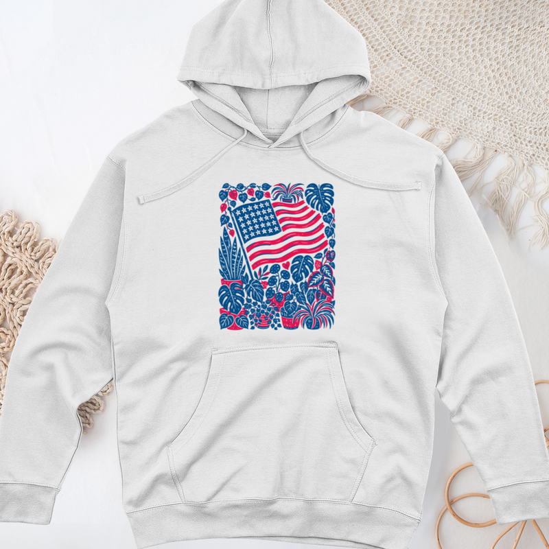 Boho American Flag With Houseplants Midweight Hooded Sweatshirt